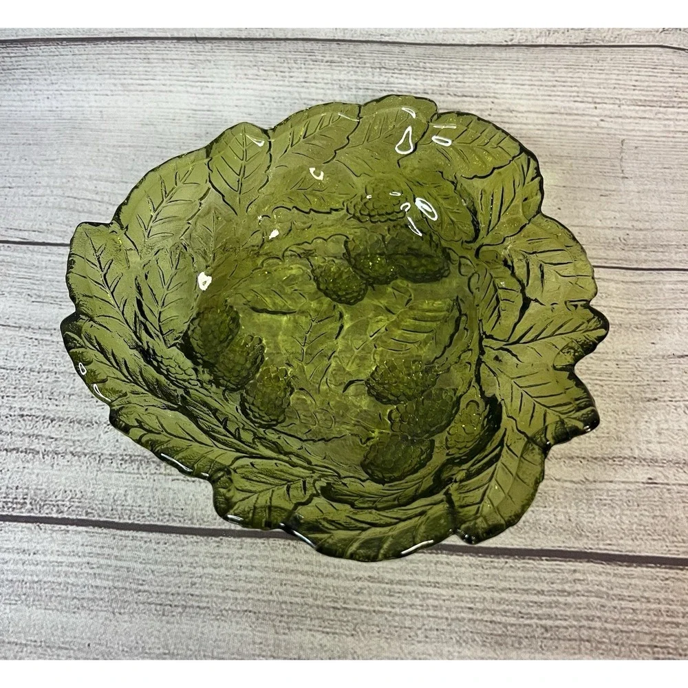 Vintage Green Indiana Glass Loganberry &‎ Leaf Pattern Candy Trinket Dish Bowl